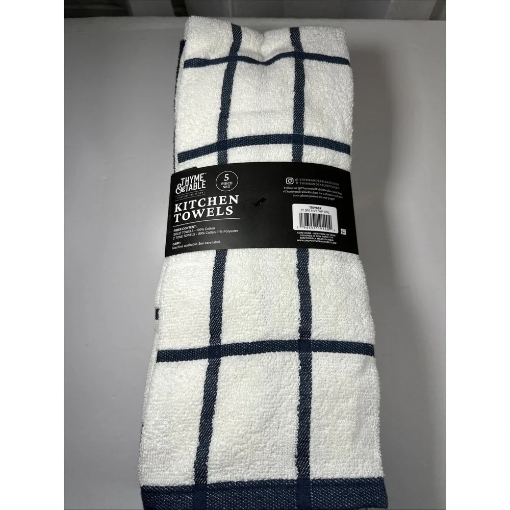 Thyme/Table Kitchen Towels Set 5 pcs Navy/White Super Soft Ultra Absorbent New